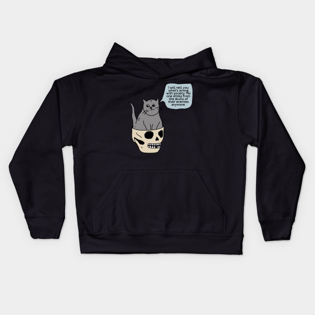 Cat Sitting Into The Skull Kids Hoodie by okpinsArtDesign